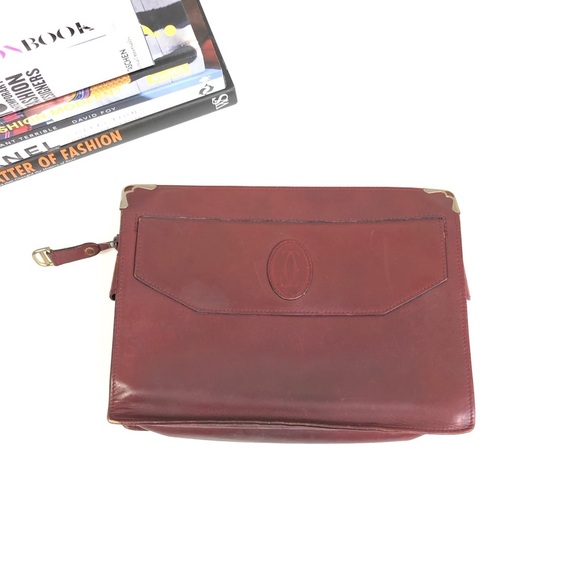 Cartier Must De 2C Clutch HandBag Bag Leather Bordeaux Gold Plated Red